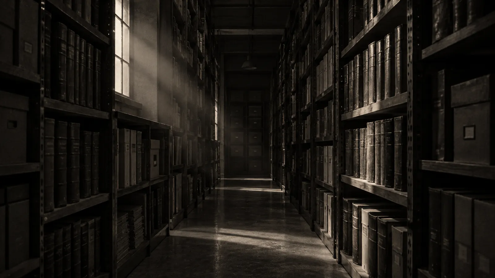 Long aisle of archive shelves filled with bound ledgers, in black and white