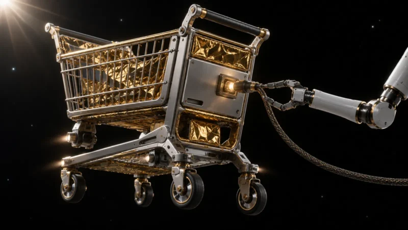 Shopping cart built like spacecraft hardware, with a robotic gripper reconnecting a loose data cable