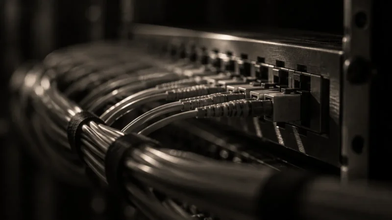 Macro photograph of fiber optic cables plugged into a steel patch panel