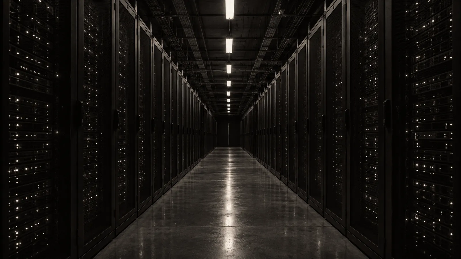 Symmetrical corridor between server racks in a data hall, in black and white